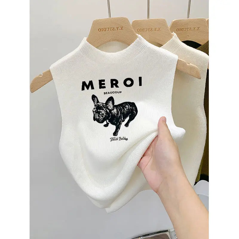Summer Half High Collar Knitted Vest – Korean Youth Printed Sleeveless Top
