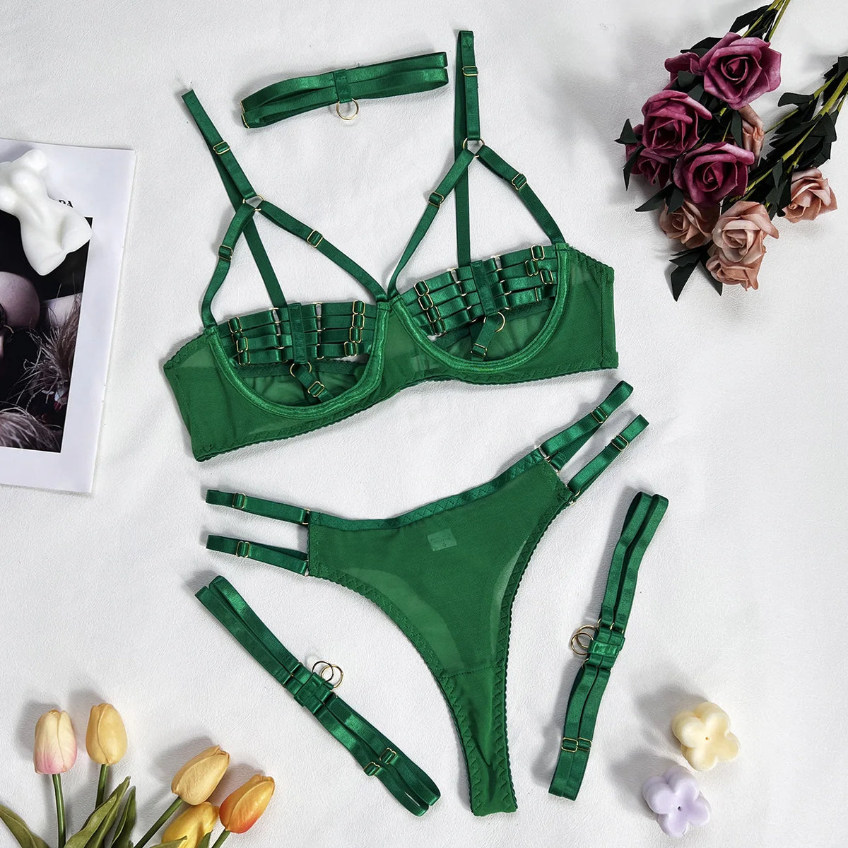 5-Piece Hollow Lingerie Set – Sensual Open Bra & Brief Outfit