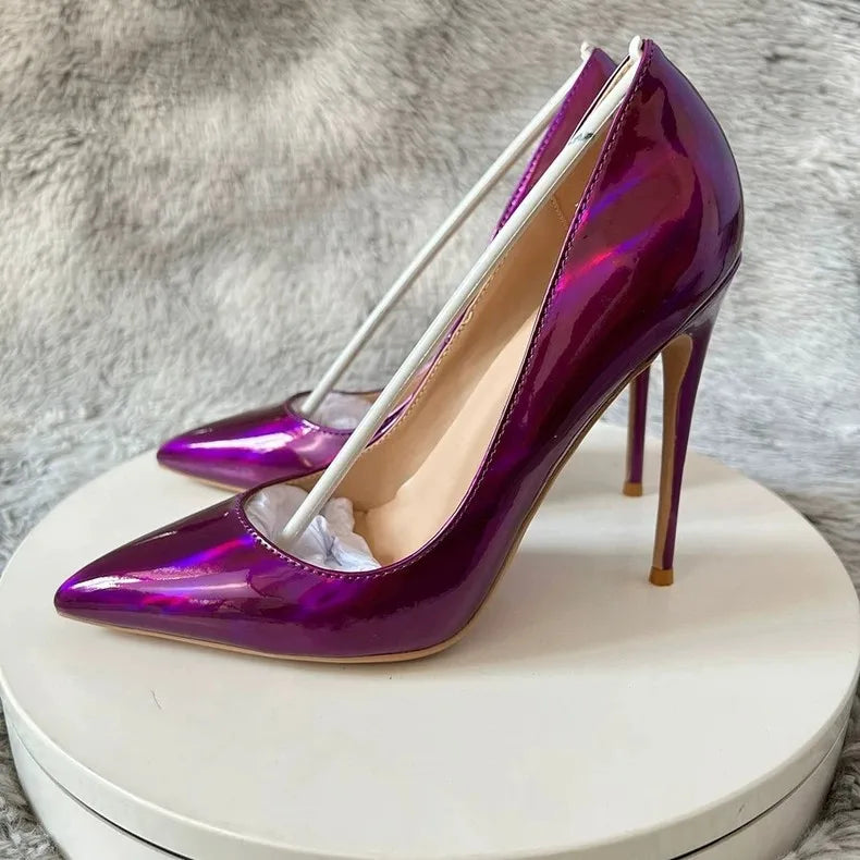 Holographic Purple Stiletto Pumps