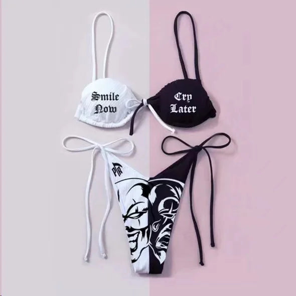 Punk Gothic Skull Print Bikini Set – V-Neck High Waist Swimwear