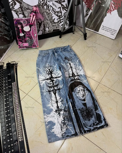 Y2K Gothic Cargo Pants – Wide-Leg Streetwear Trousers with Red Floral Graffiti Print