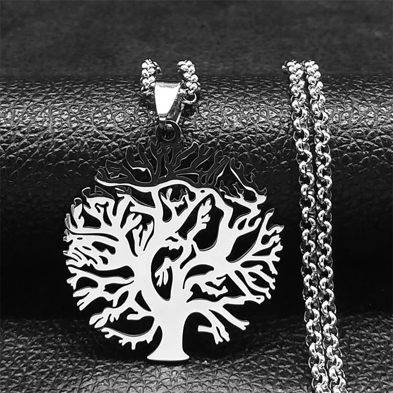 Tree of Life Stainless Steel Necklace – Black Long Pendant for Men & Women