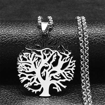 Tree of Life Stainless Steel Necklace – Black Long Pendant for Men & Women