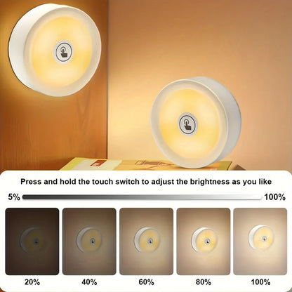 1pc/2pcs LED Touch Night Light – Wireless Stick-On Tap Lamp with 3-Color Dimmable Modes
