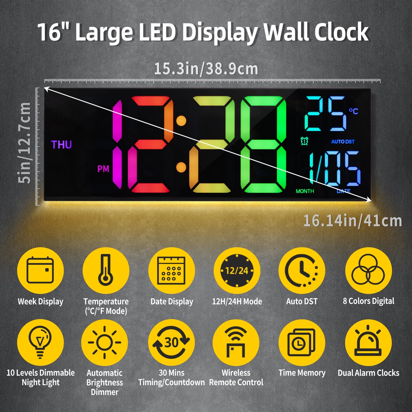 16" RGB LED Digital Wall Clock
