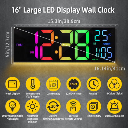 16" RGB LED Digital Wall Clock