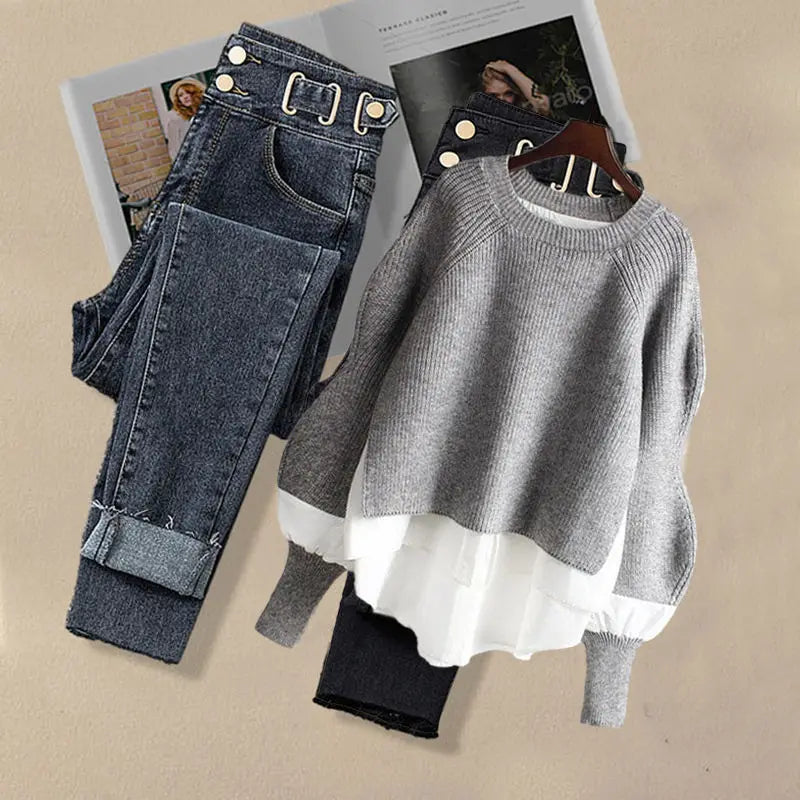 Korean Fashion Two-Piece Set – Fake Layered Shirt Top & Slim Fit Jeans