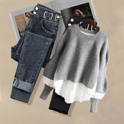 Korean Fashion Two-Piece Set – Fake Layered Shirt Top & Slim Fit Jeans
