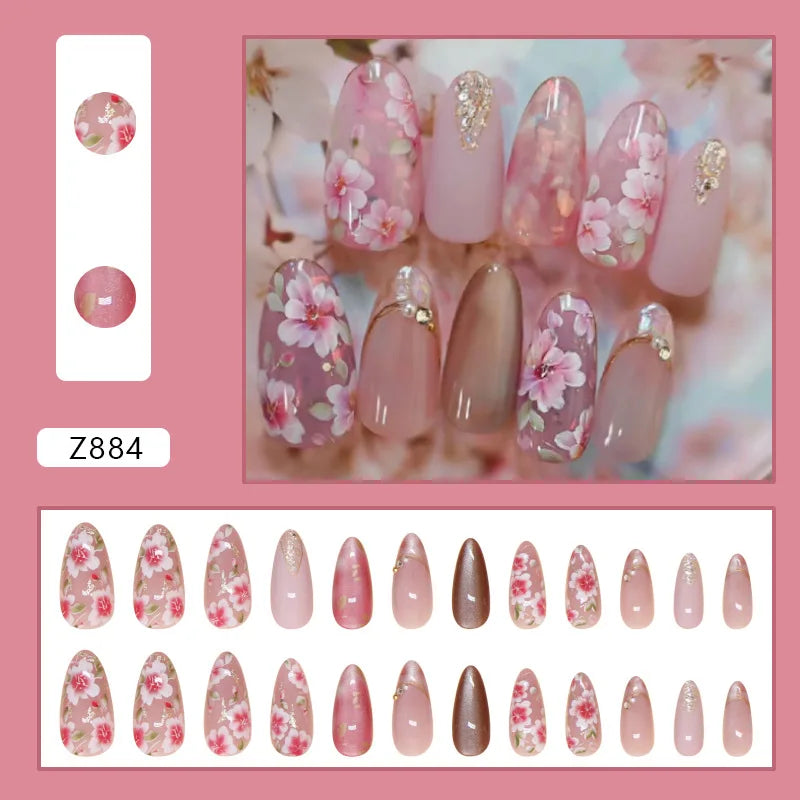 Peach Blossom Cat’s Eye Press-On Nails – 24pc Nude Glitter Floral Set