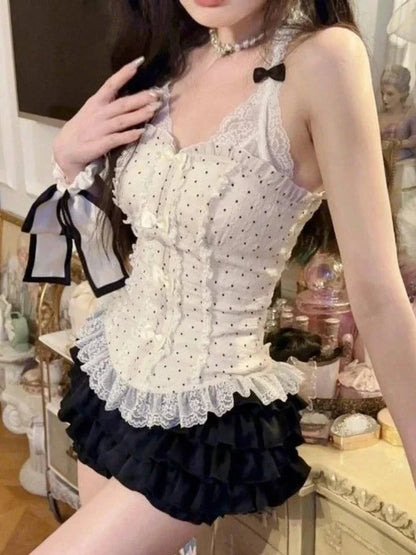 French Style Polka Dot Lace Mini Dress – Sweet Y2K Slim Waist Design