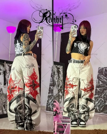 Y2K Gothic Cargo Pants – Wide-Leg Streetwear Trousers with Red Floral Graffiti Print