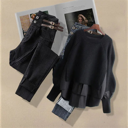 Korean Fashion Two-Piece Set – Fake Layered Shirt Top & Slim Fit Jeans