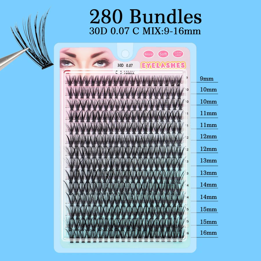 Individual 20–100D Cluster Lashes – 280pcs Mixed Tray Volume Extensions