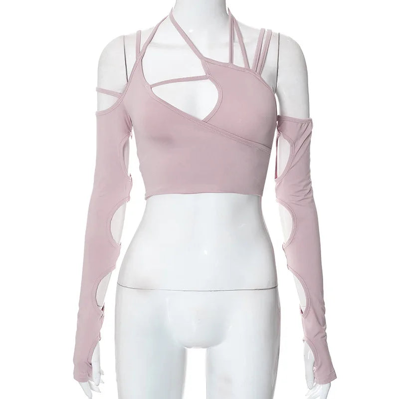 Goth Dark Cyber Y2K Halter Crop Top – Patchwork Long Sleeve Cut-Out Tee