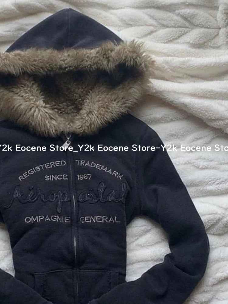 Vintage Letter Fur Collar Hoodie – Y2K Retro Zip-Up Plush Jacket