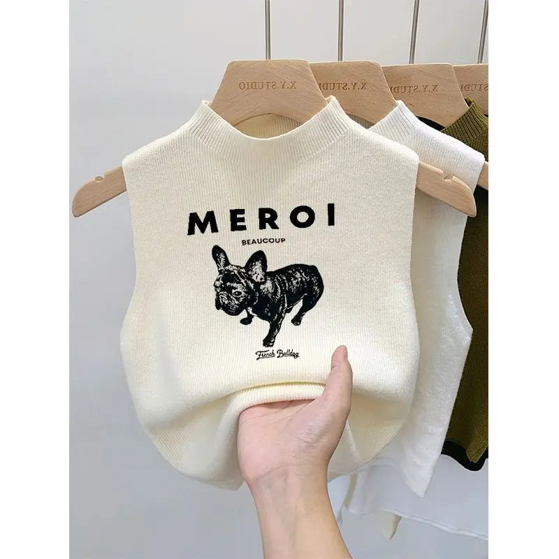 Summer Half High Collar Knitted Vest – Korean Youth Printed Sleeveless Top