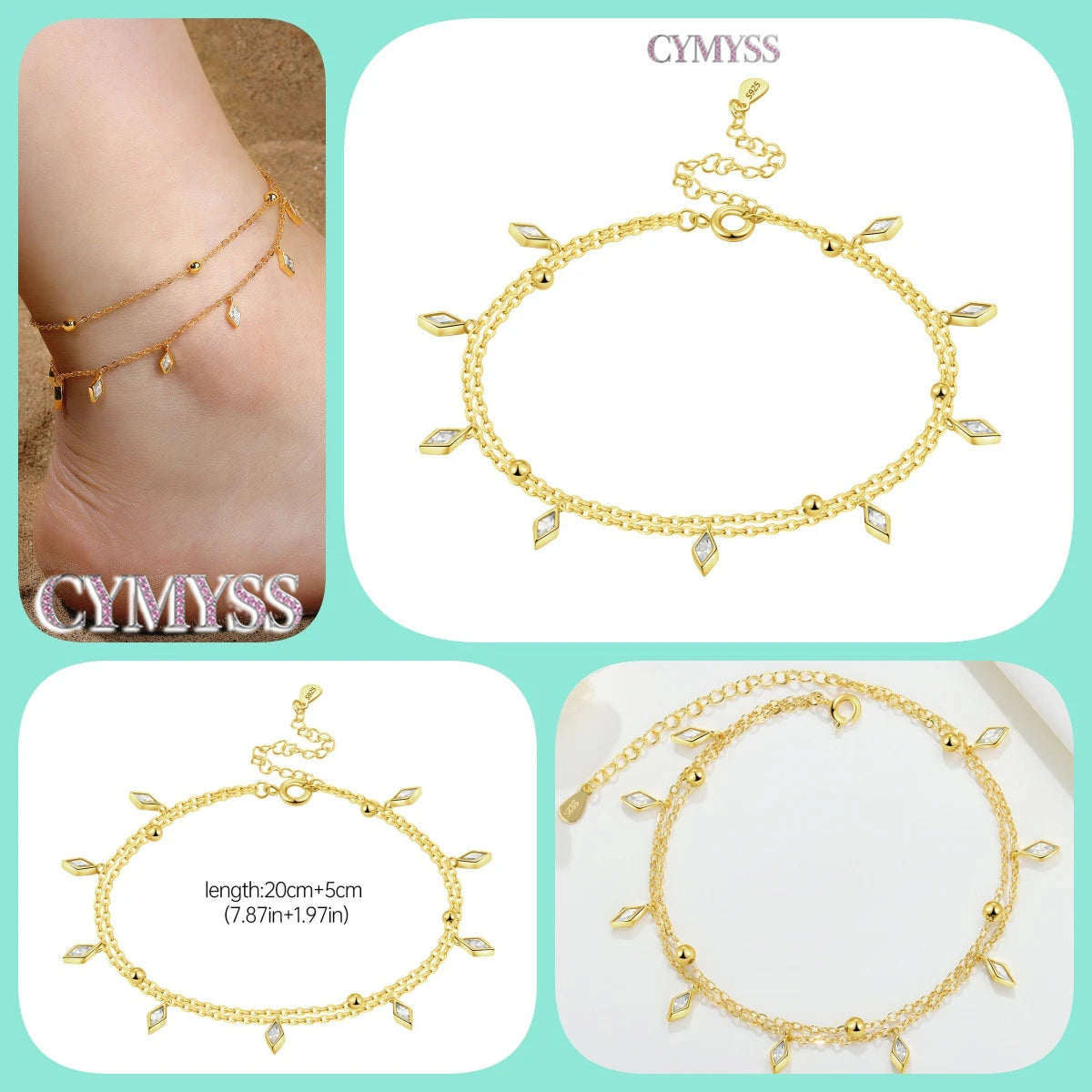 925 Sterling Silver Double-Layer Anklet – Exquisite Zircon Heart Chain Jewelry
