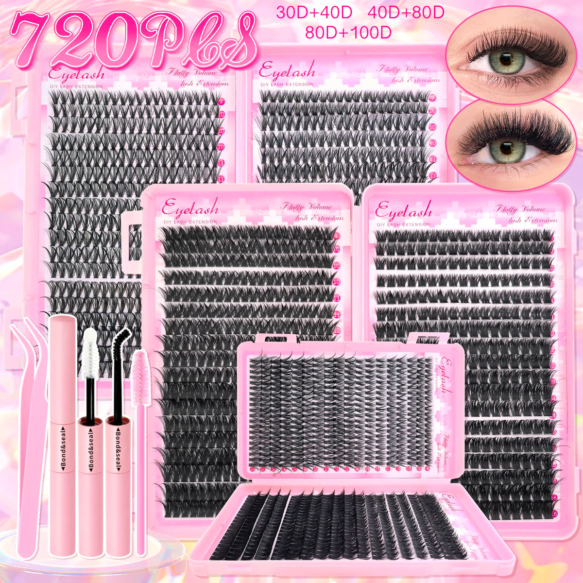 DIY Lash Extension Kit – 720pcs Individual Lash Clusters with Bond & Seal