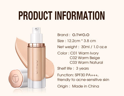 O.TWO.O Liquid Foundation Cream – High Coverage, SPF30 & Waterproof Base (30ml)