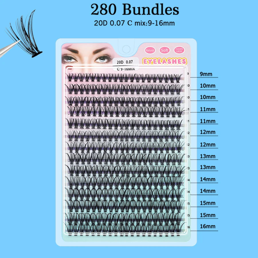 Individual 20–100D Cluster Lashes – 280pcs Mixed Tray Volume Extensions
