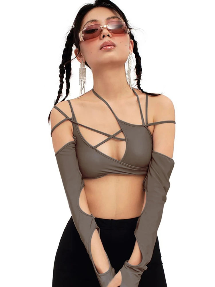 Goth Dark Cyber Y2K Halter Crop Top – Patchwork Long Sleeve Cut-Out Tee
