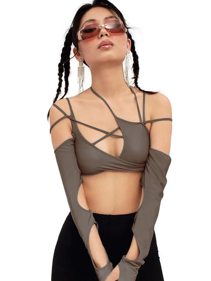 Goth Dark Cyber Y2K Halter Crop Top – Patchwork Long Sleeve Cut-Out Tee