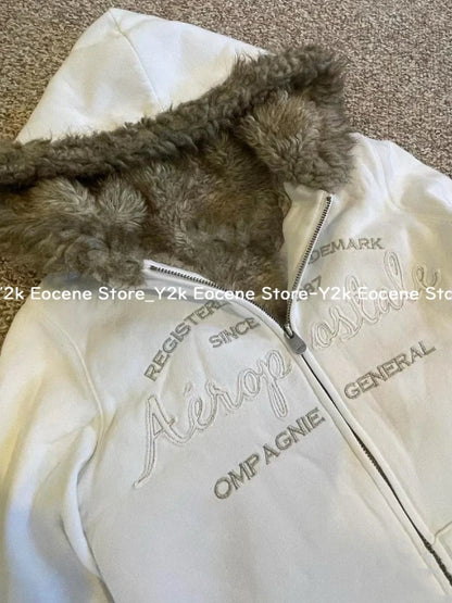 Vintage Letter Fur Collar Hoodie – Y2K Retro Zip-Up Plush Jacket