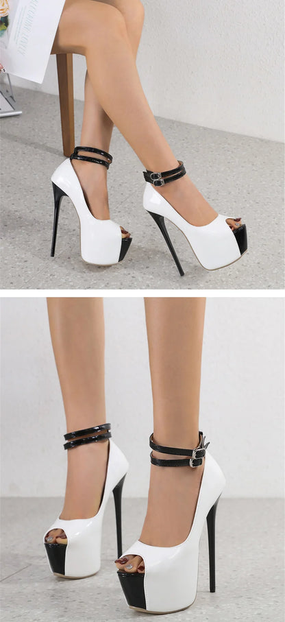 Double Buckle Platform Peep Toe High Heels