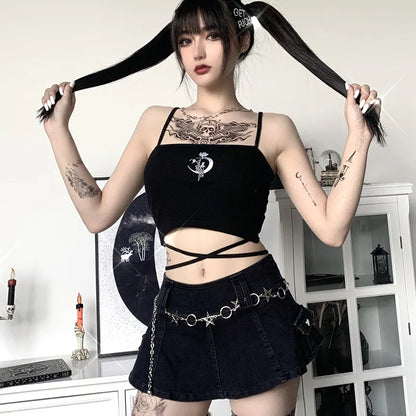 Gothic Print Suspender Crop Tank Top