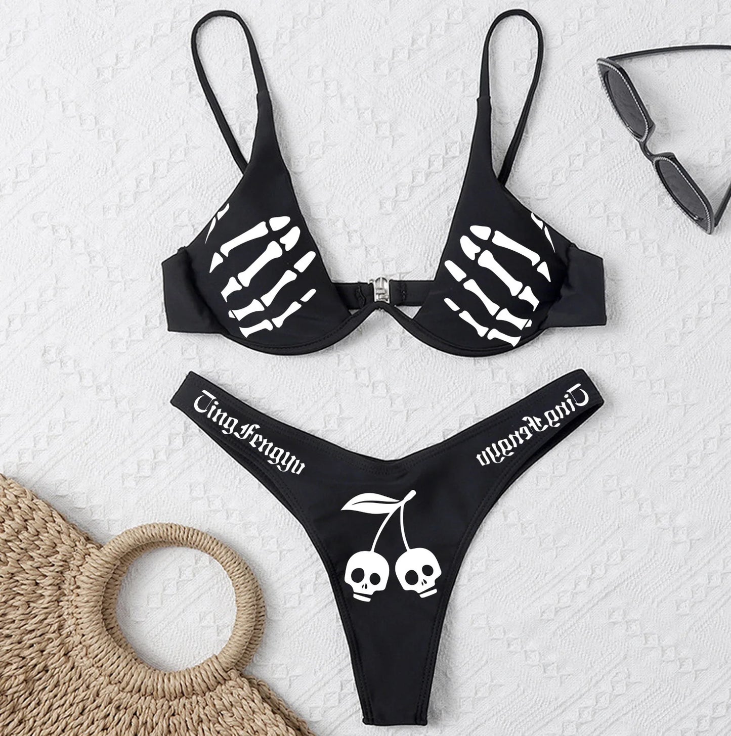 Punk Gothic Skull Print Bikini Set – V-Neck High Waist Swimwear