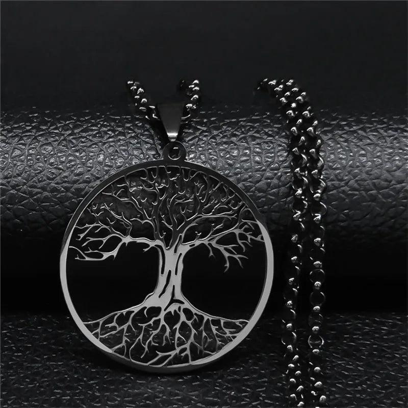 Tree of Life Stainless Steel Necklace – Black Long Pendant for Men & Women