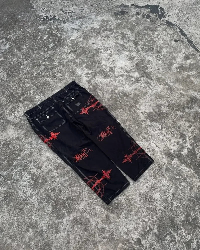 Y2K Gothic Cargo Pants – Wide-Leg Streetwear Trousers with Red Floral Graffiti Print