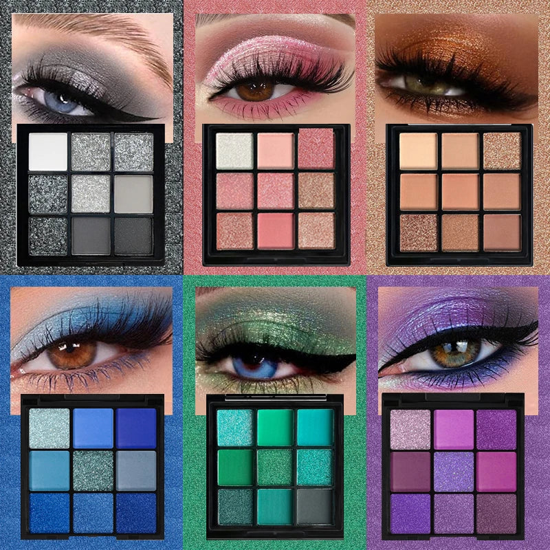 9-Grid Eyeshadow Palette – Glitter, Pearlescent, Matte & Shimmer Finishes