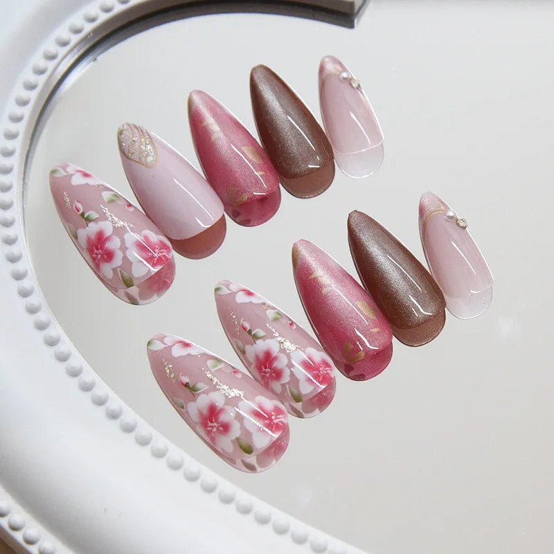 Peach Blossom Cat’s Eye Press-On Nails – 24pc Nude Glitter Floral Set