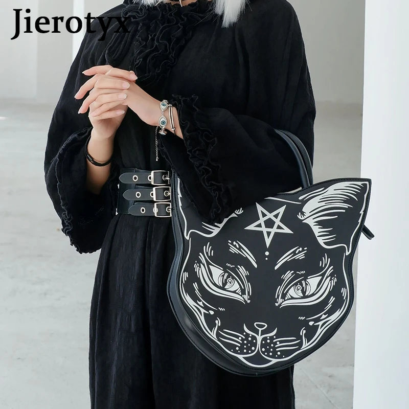 Gothic Pentacle Cat Shoulder Bag – Punk Rock Women’s Black Handbag