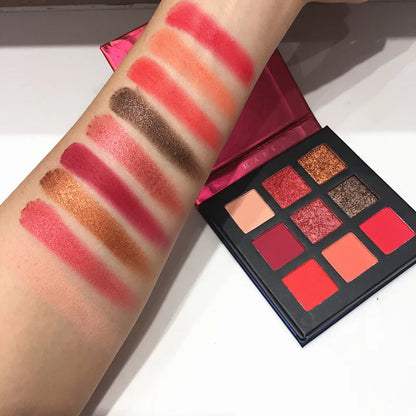 9-Color Matte & Glitter Eyeshadow Palette – Red Tone Shimmer Collection