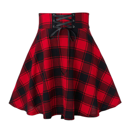 Black Checkered Pleated Gothic Mini Skirt – Punk Plaid Lace-Up Clubwear