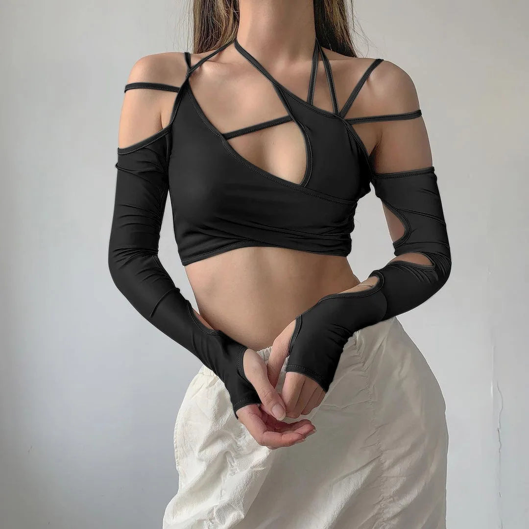 Goth Dark Cyber Y2K Halter Crop Top – Patchwork Long Sleeve Cut-Out Tee