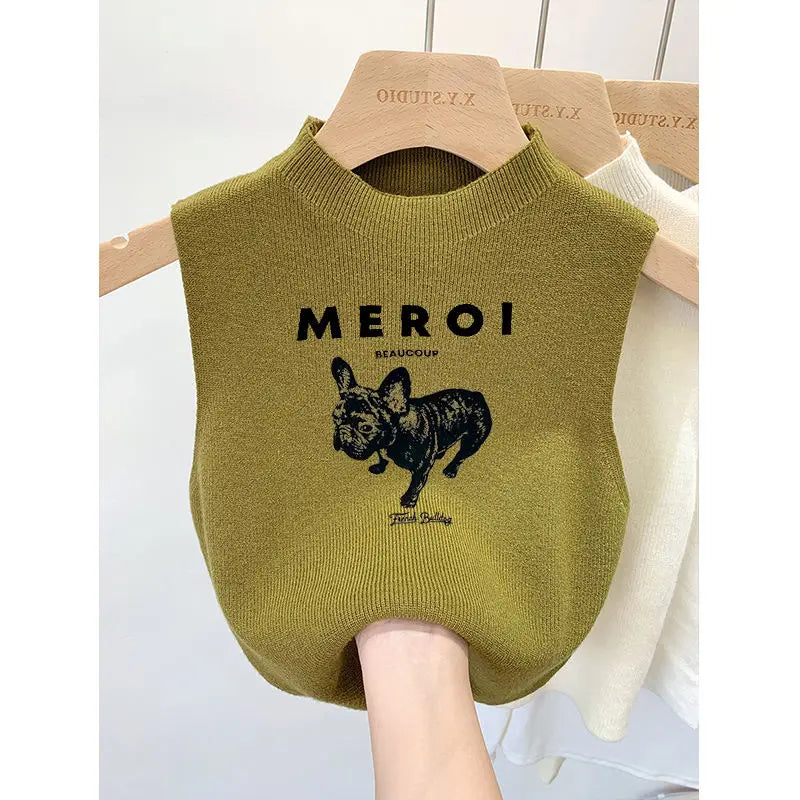 Summer Half High Collar Knitted Vest – Korean Youth Printed Sleeveless Top