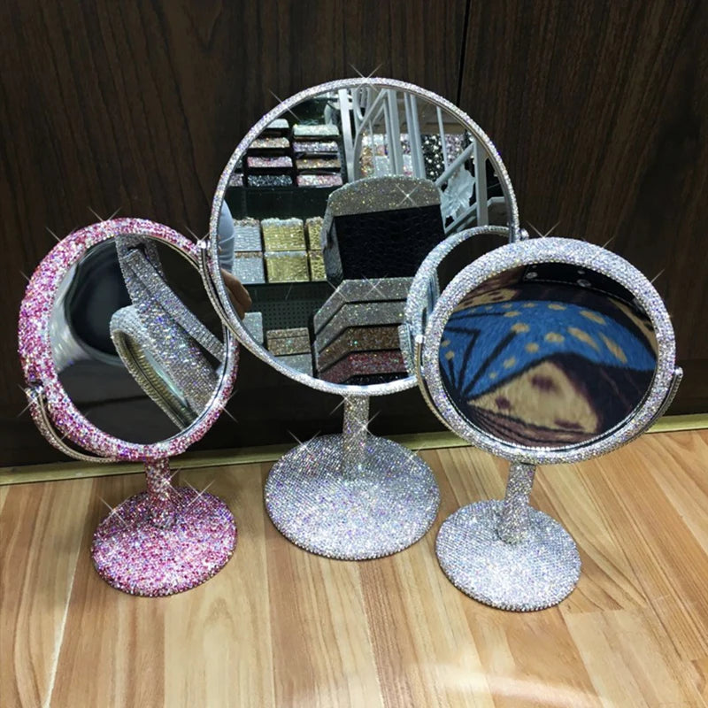 High-End Rhinestone Makeup Mirror – Rotatable Round Vanity Design
