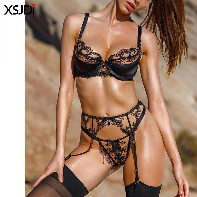 Embroidered Lace Lingerie Set with Garter Belt