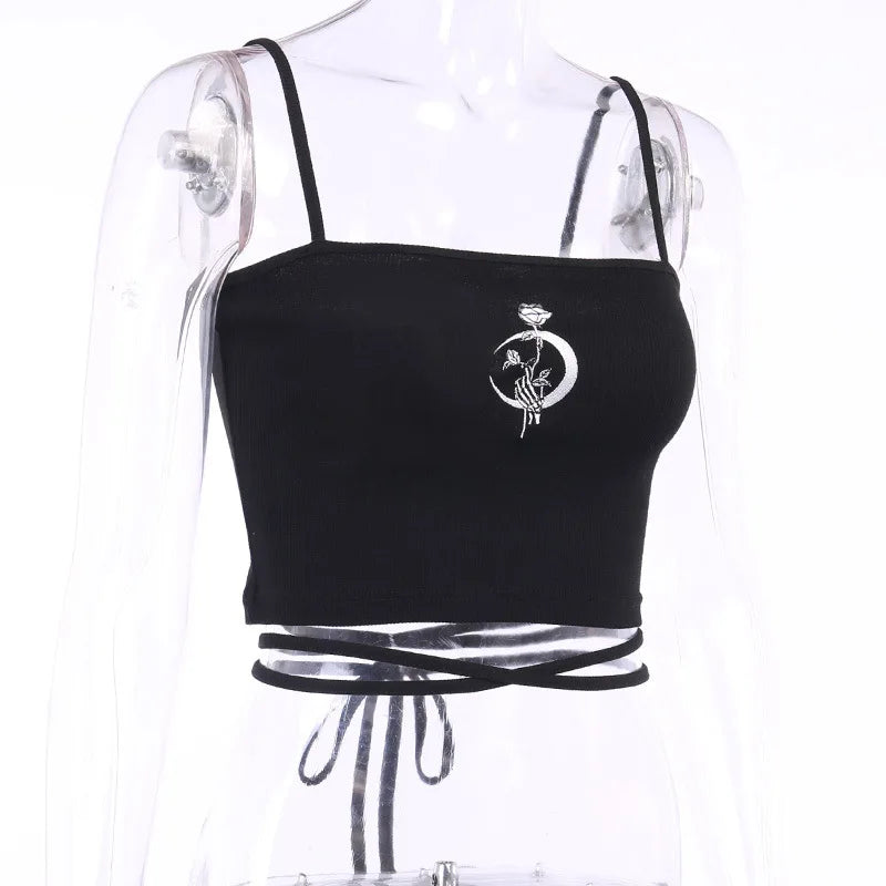 Gothic Print Suspender Crop Tank Top