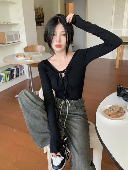 Y2K Halter Bandage V-Neck Long Sleeve Top – Korean Streetwear Style