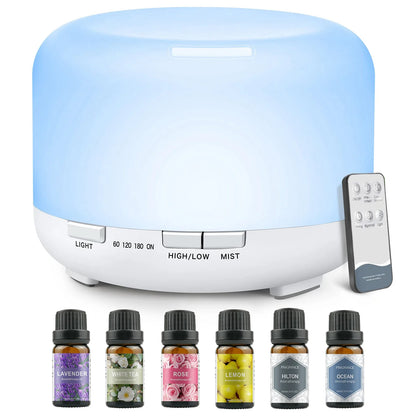 500ml Aromatherapy Oil Diffuser with 6-Bottle Essential Oil Set – Relaxing LED Aroma Humidifier