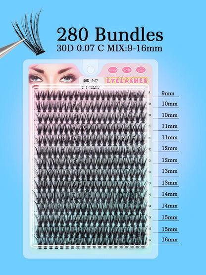 Individual 20–100D Cluster Lashes – 280pcs Mixed Tray Volume Extensions