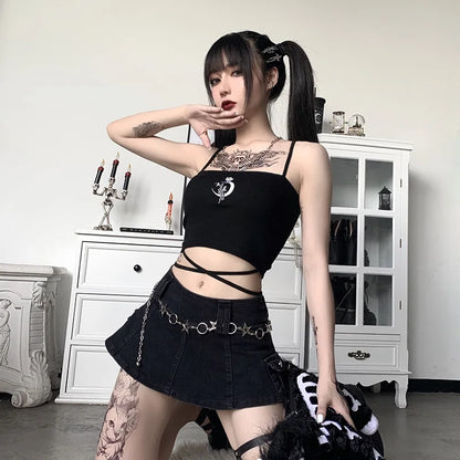 Gothic Print Suspender Crop Tank Top