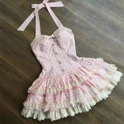 French Style Polka Dot Lace Mini Dress – Sweet Y2K Slim Waist Design