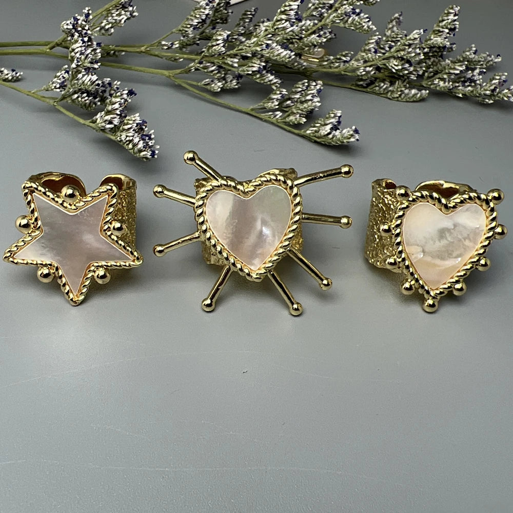 Natural Sea Shell Heart &amp; Star Adjustable Rings – Ocean-Inspired Elegance