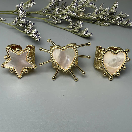Natural Sea Shell Heart &amp; Star Adjustable Rings – Ocean-Inspired Elegance