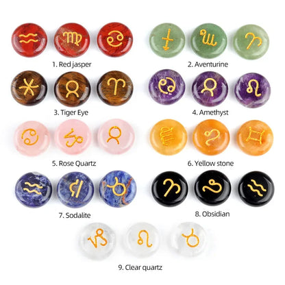 12-Piece Mini Chakra Stones Set – Natural Amethyst, Quartz & Semi-Precious Crystals with Zodiac Symbols